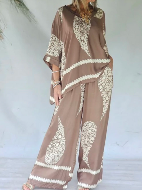 Bohemian Paisley Print Satin Loose Top and Pants
