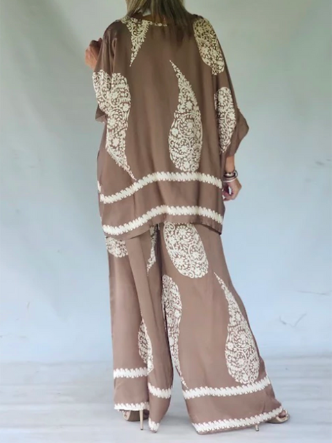 Bohemian Paisley Print Satin Loose Top and Pants