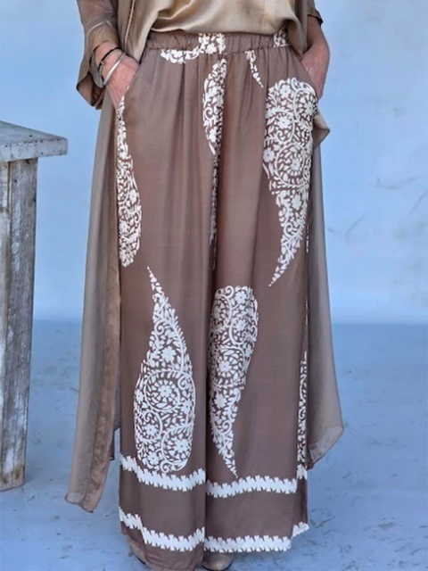 Bohemian Paisley Print Satin Loose Top and Pants