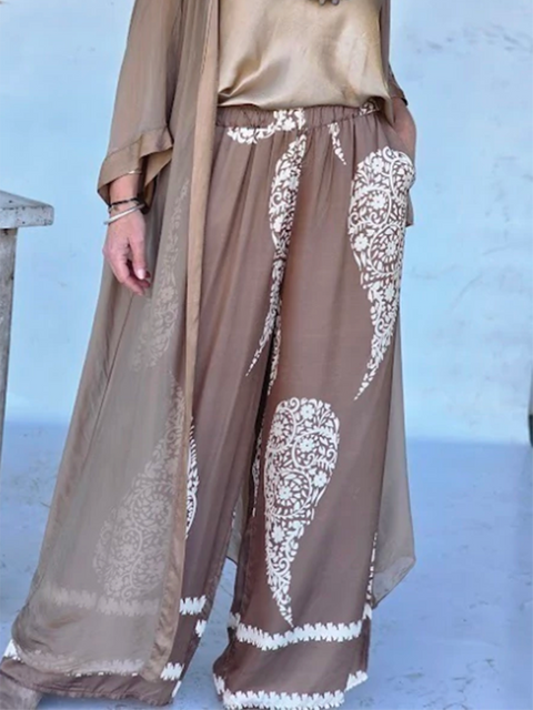 Bohemian Paisley Print Satin Loose Top and Pants