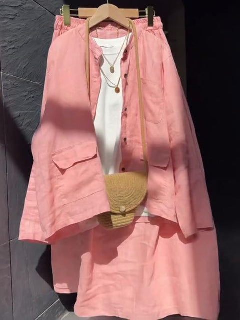 Shirt and Elastic Waist Skirt Linen Two Piece Set