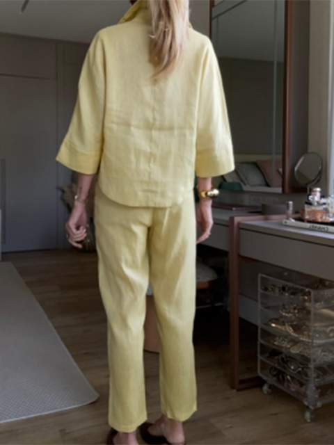 Casual Linen Shirt Elastic Pants Two-Piece Set