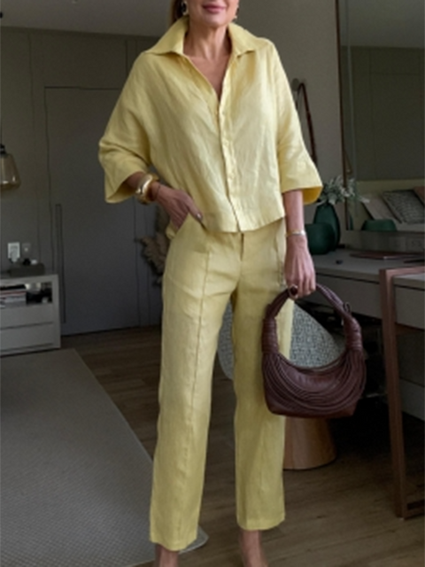 Casual Linen Shirt Elastic Pants Two-Piece Set