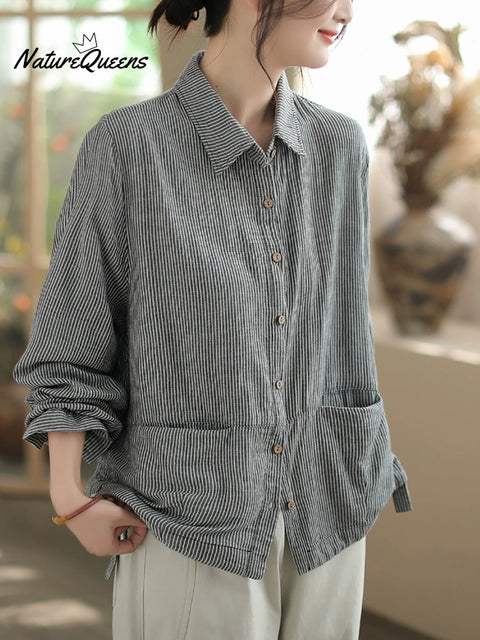 Plus Size Women Autumn Stripe Turn-down Collar Cotton Shirt