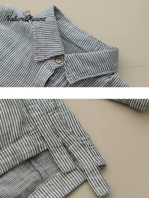 Plus Size Women Autumn Stripe Turn-down Collar Cotton Shirt