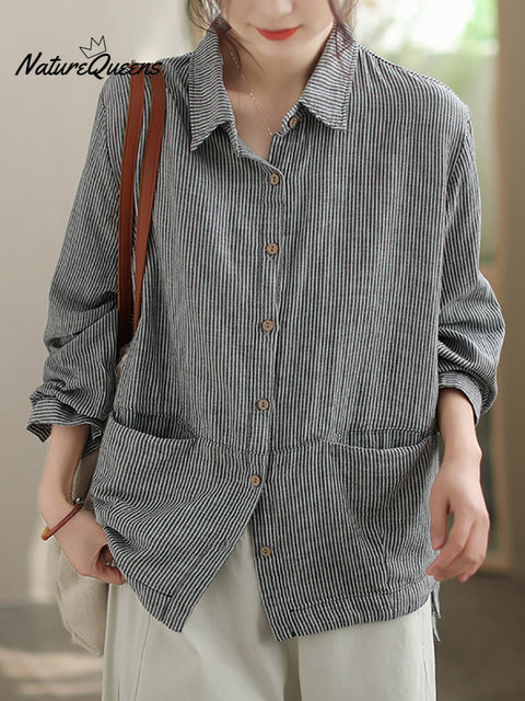 Plus Size Women Autumn Stripe Turn-down Collar Cotton Shirt