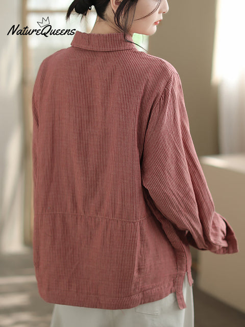 Plus Size Women Autumn Stripe Turn-down Collar Cotton Shirt