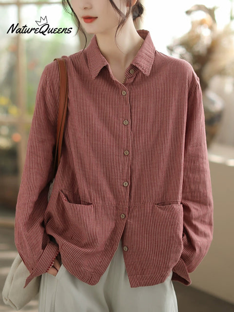 Plus Size Women Autumn Stripe Turn-down Collar Cotton Shirt