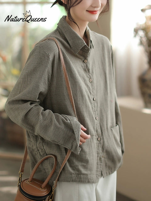 Plus Size Women Autumn Stripe Turn-down Collar Cotton Shirt