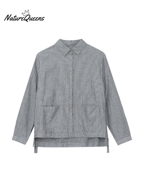 Plus Size Women Autumn Stripe Turn-down Collar Cotton Shirt