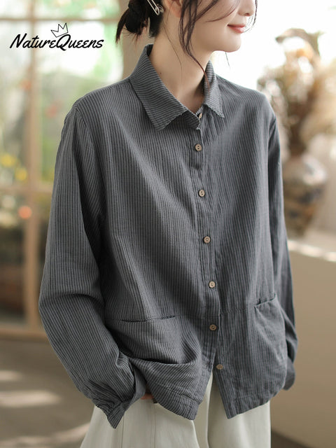 Plus Size Women Autumn Stripe Turn-down Collar Cotton Shirt