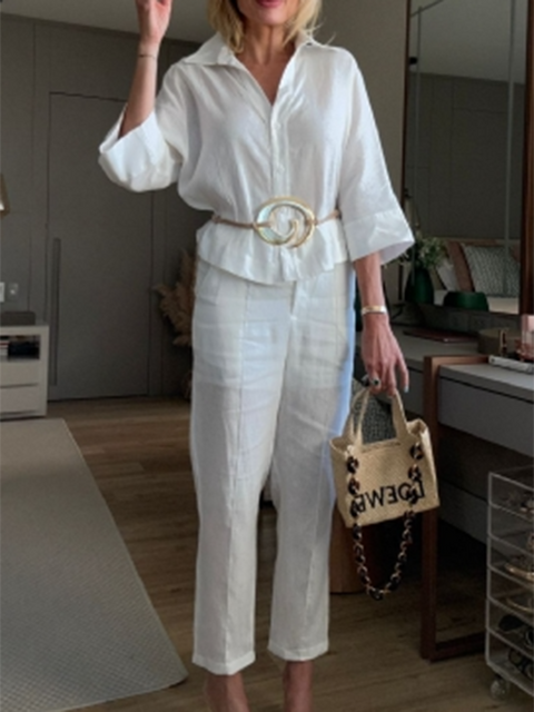 Casual Linen Shirt Elastic Pants Two-Piece Set