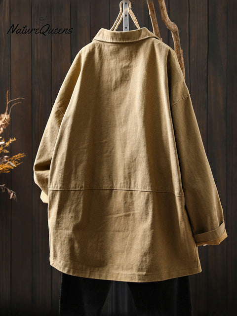 Plus Size Women Autumn Pure Color Cotton Cardigan Coat