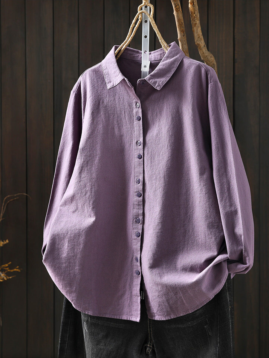 Women Artsy Autumn Pure Color 100%Cotton Blouse