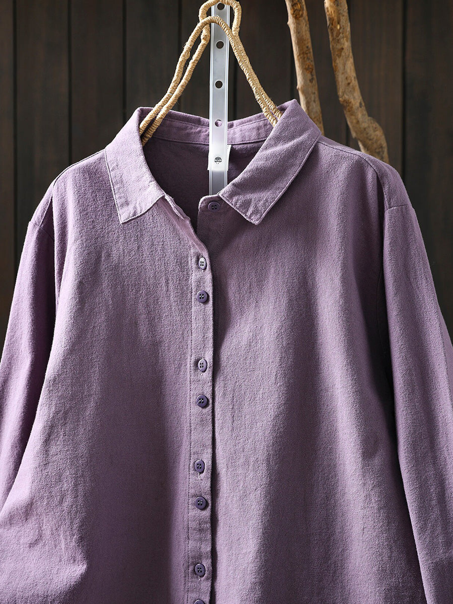 Women Artsy Autumn Pure Color 100%Cotton Blouse