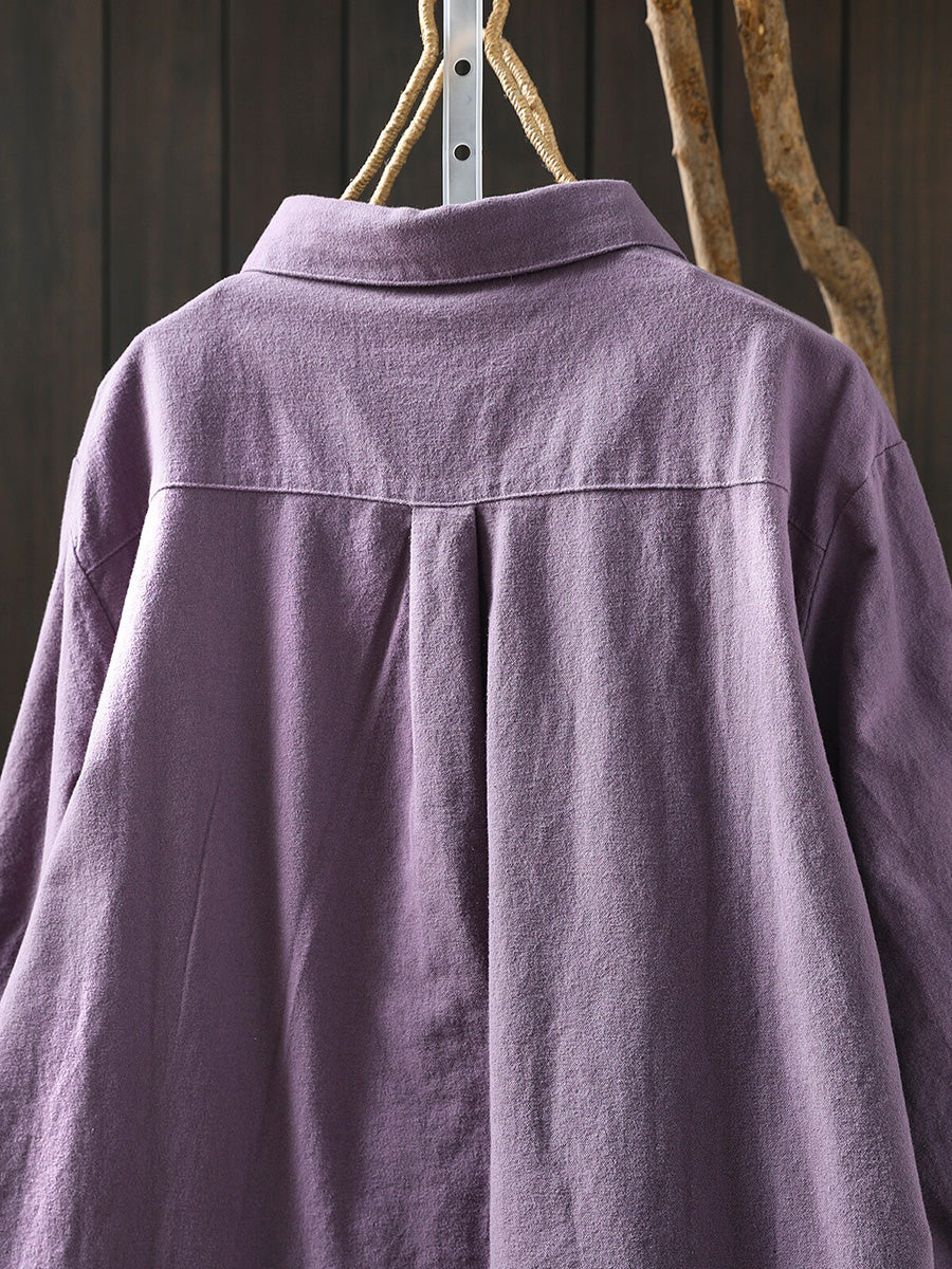 Women Artsy Autumn Pure Color 100%Cotton Blouse