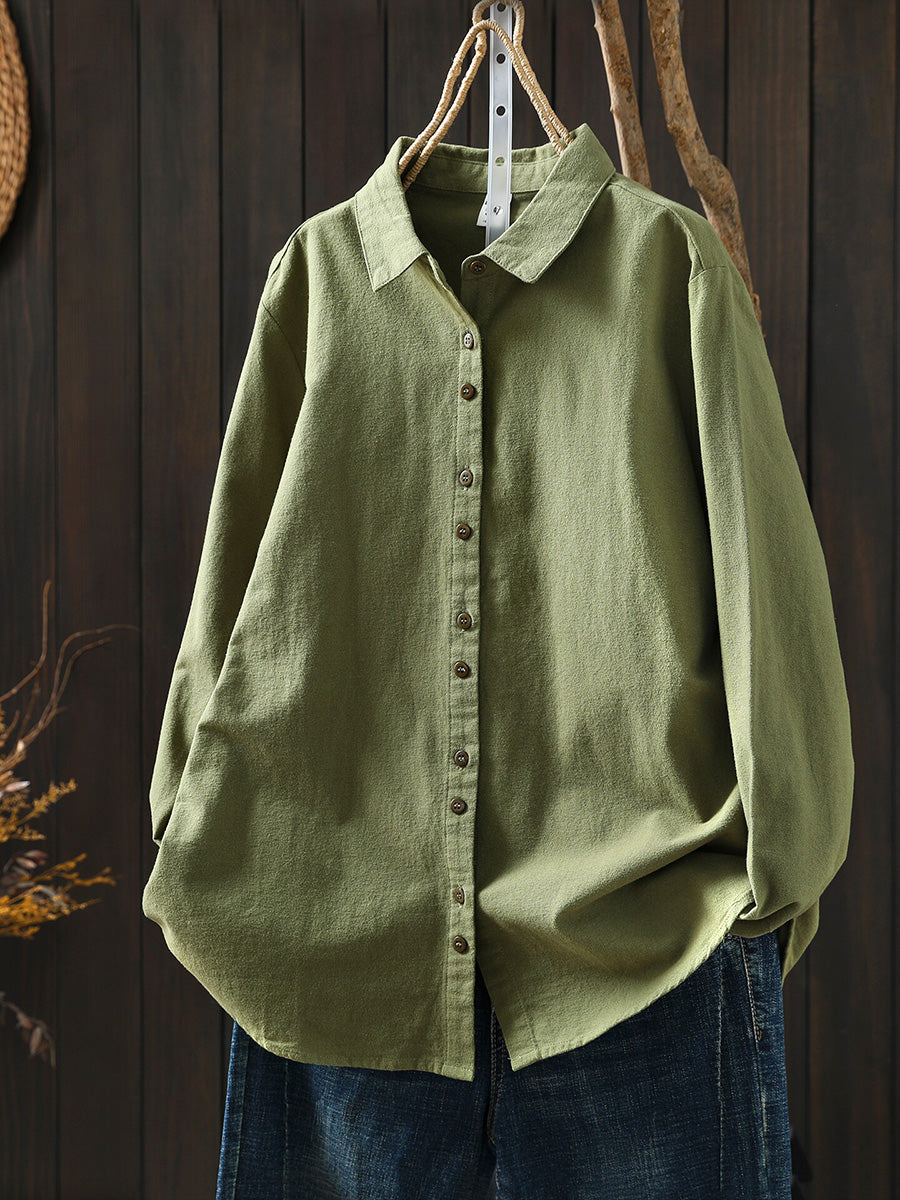 Women Artsy Autumn Pure Color 100%Cotton Blouse