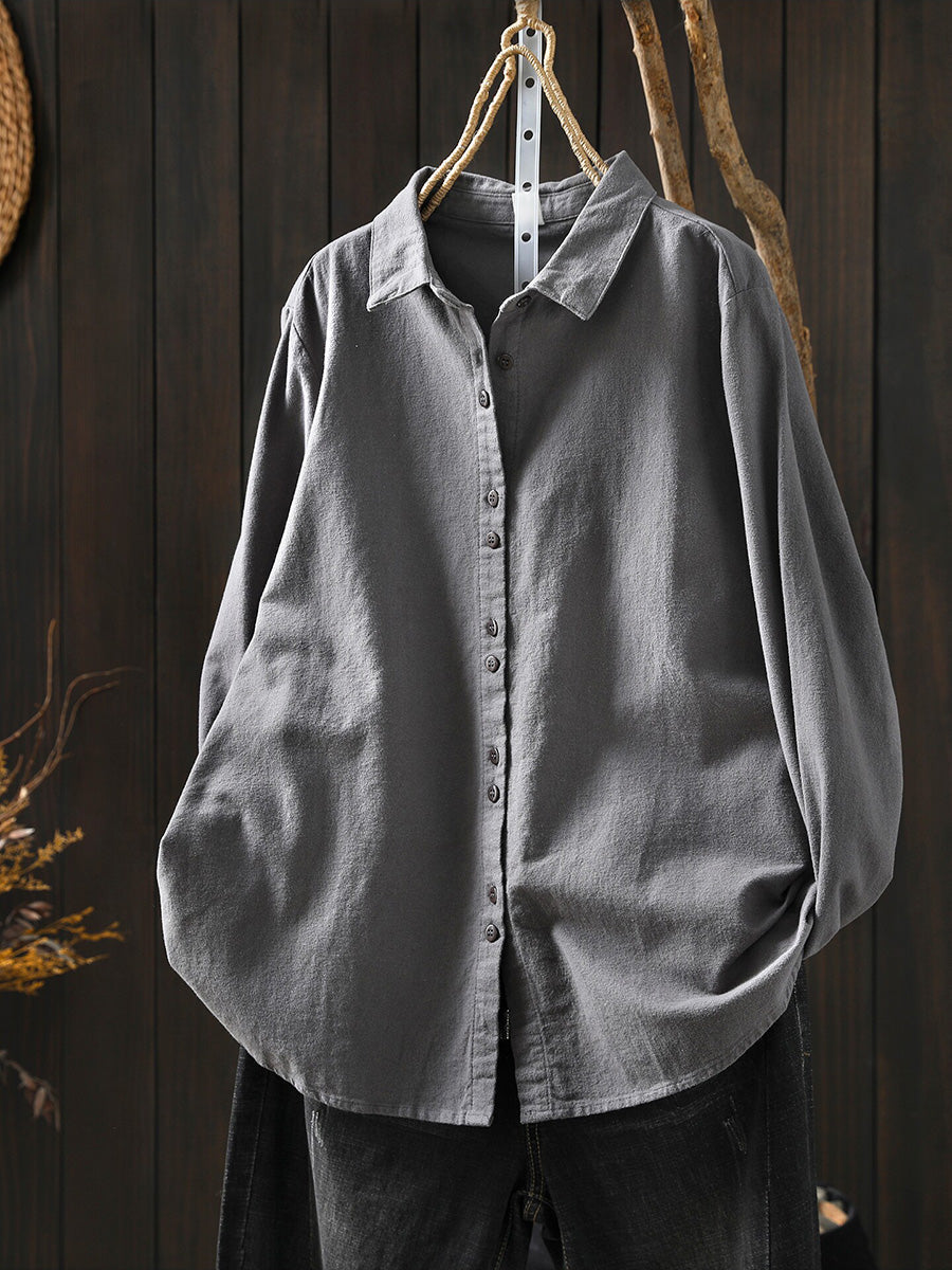 Women Artsy Autumn Pure Color 100%Cotton Blouse