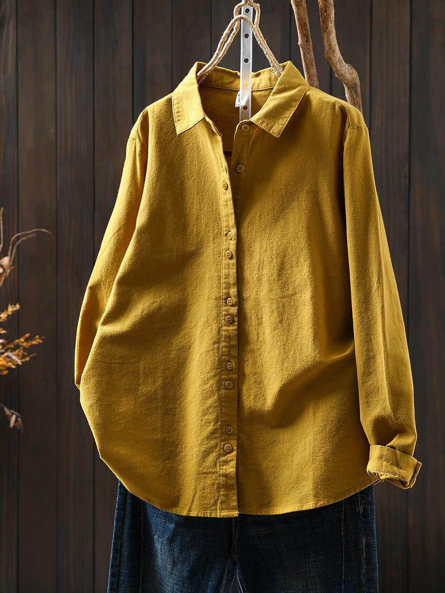 Women Artsy Autumn Pure Color 100%Cotton Blouse