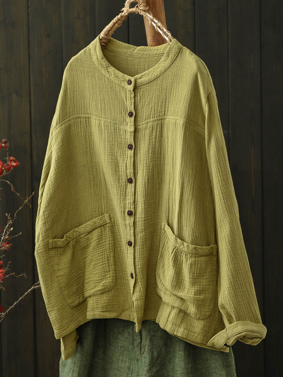 Women Autumn Pure Color Buttoned O-Neck Cotton Shirt