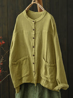 Women Autumn Pure Color Buttoned O-Neck Cotton Shirt
