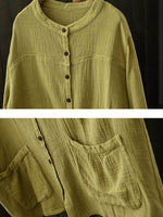 Women Autumn Pure Color Buttoned O-Neck Cotton Shirt