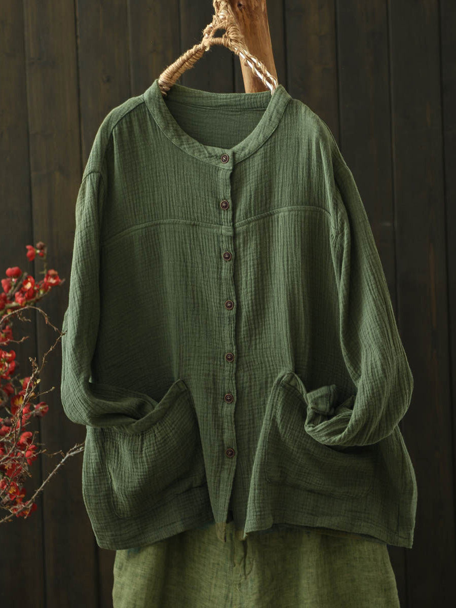 Women Autumn Pure Color Buttoned O-Neck Cotton Shirt