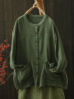 Women Autumn Pure Color Buttoned O-Neck Cotton Shirt