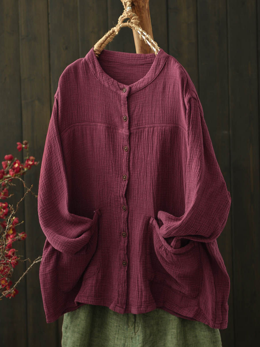 Women Autumn Pure Color Buttoned O-Neck Cotton Shirt