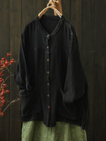 Women Autumn Pure Color Buttoned O-Neck Cotton Shirt
