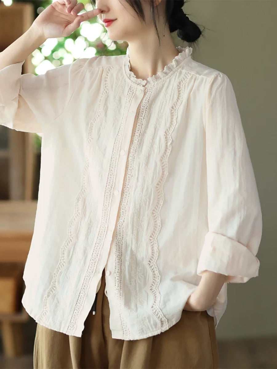 Women Artsy Spring Embroidery Lace 100%Cotton Shirt