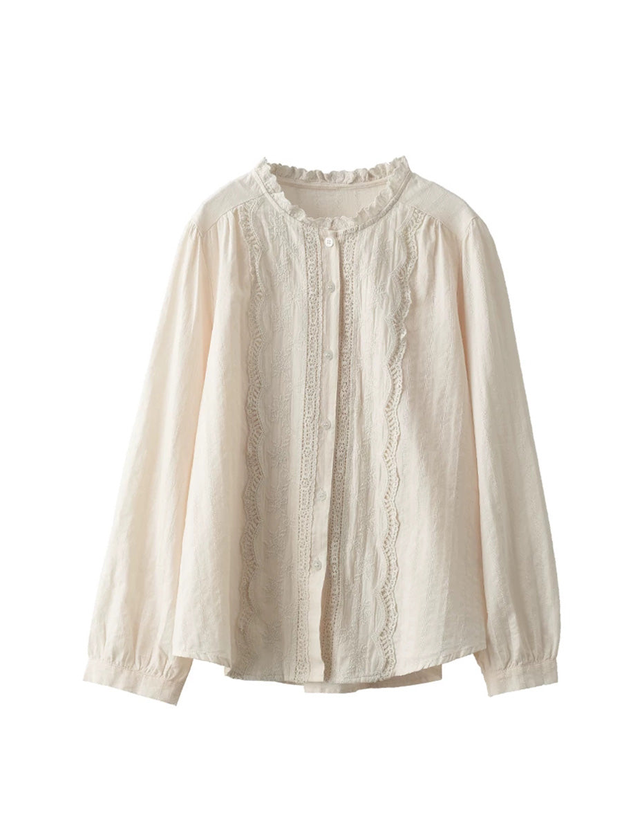 Women Artsy Spring Embroidery Lace 100%Cotton Shirt