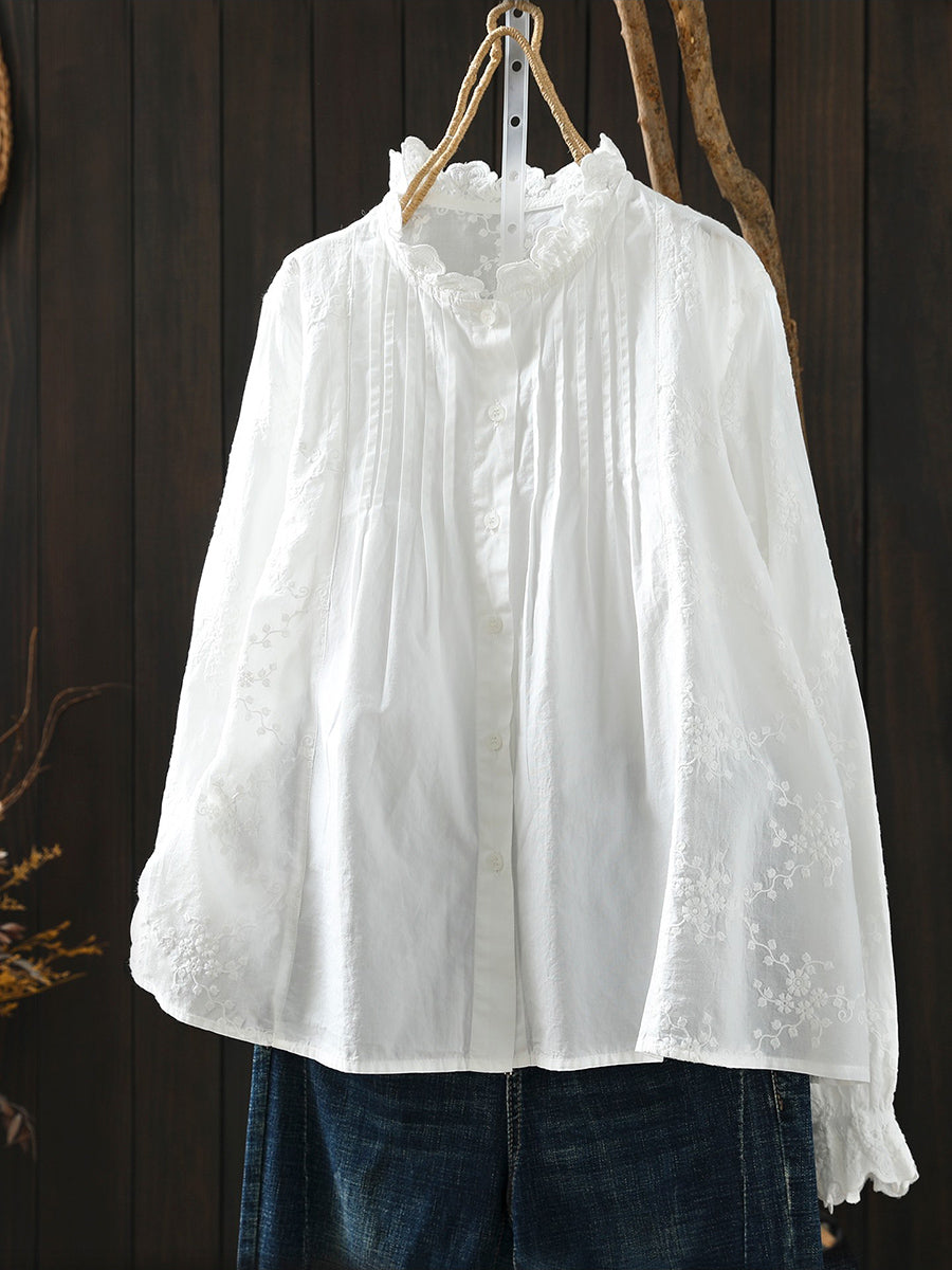 Women Artsy Spring Embroidery 100%Cotton Shirt