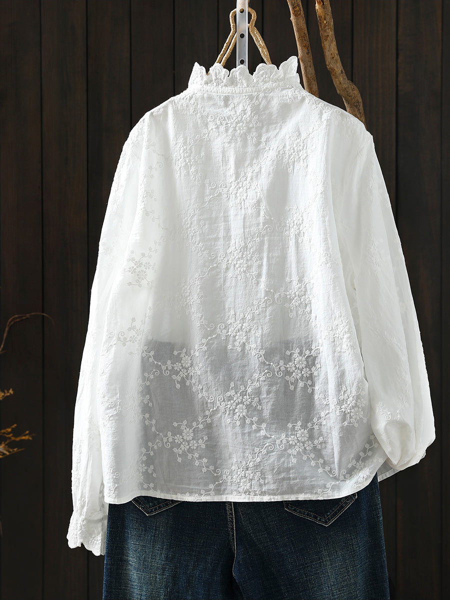 Women Artsy Spring Embroidery 100%Cotton Shirt