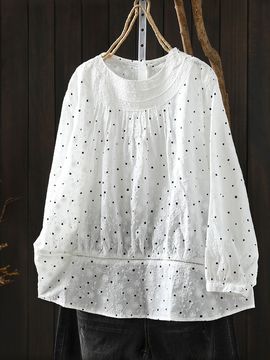 Women Artsy Spring Dot Embroidery 100%Cotton O-Neck Shirt