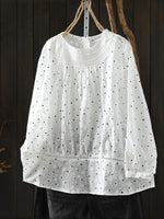 Women Artsy Spring Dot Embroidery 100%Cotton O-Neck Shirt