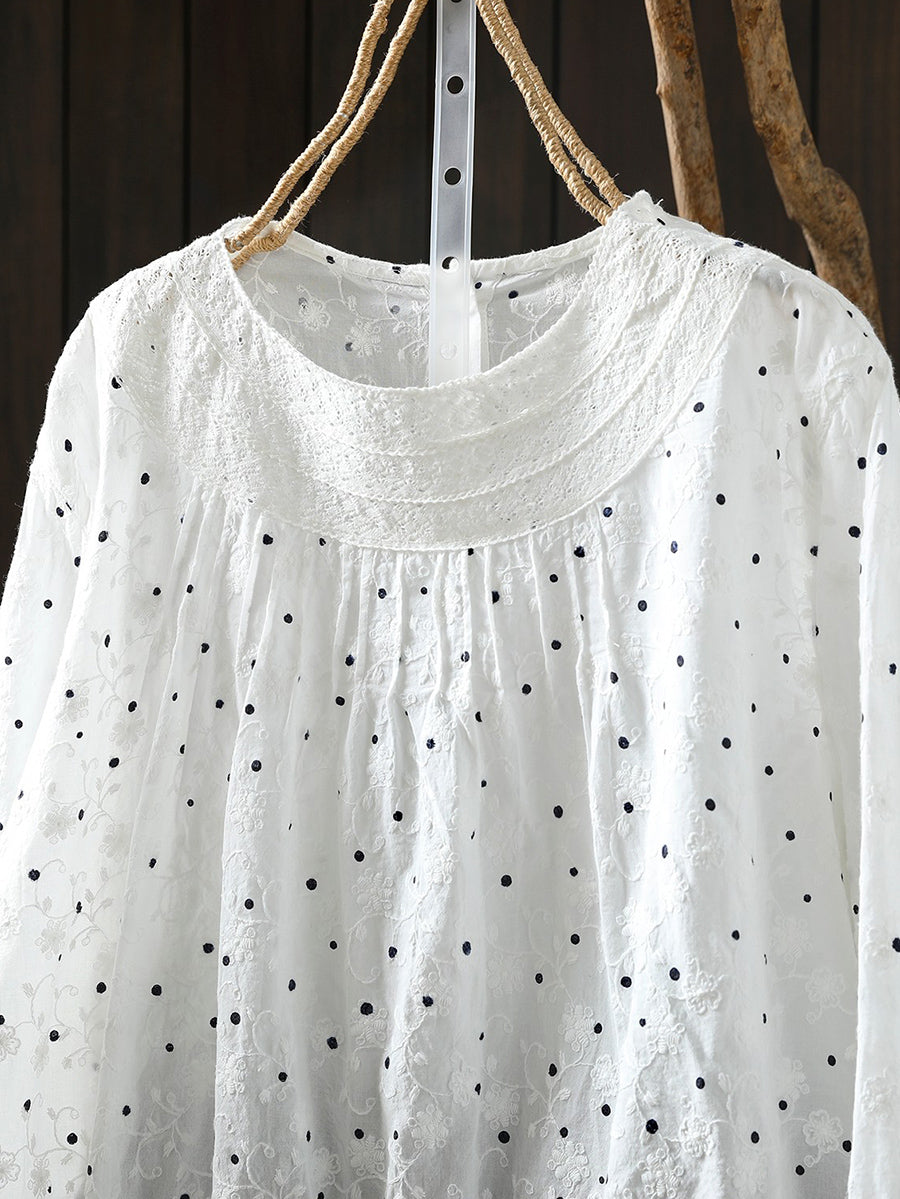 Women Artsy Spring Dot Embroidery 100%Cotton O-Neck Shirt