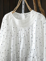 Women Artsy Spring Dot Embroidery 100%Cotton O-Neck Shirt
