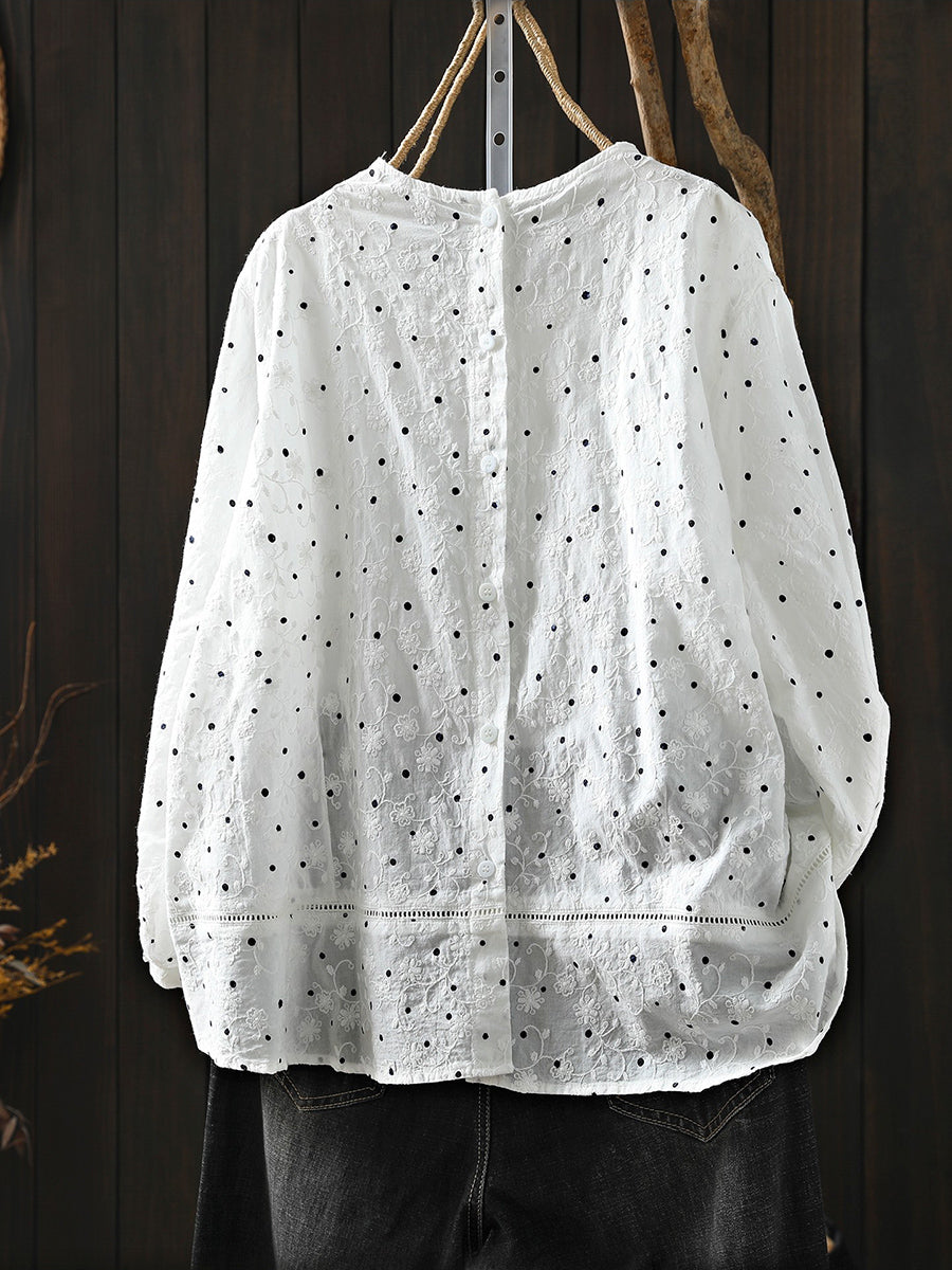 Women Artsy Spring Dot Embroidery 100%Cotton O-Neck Shirt