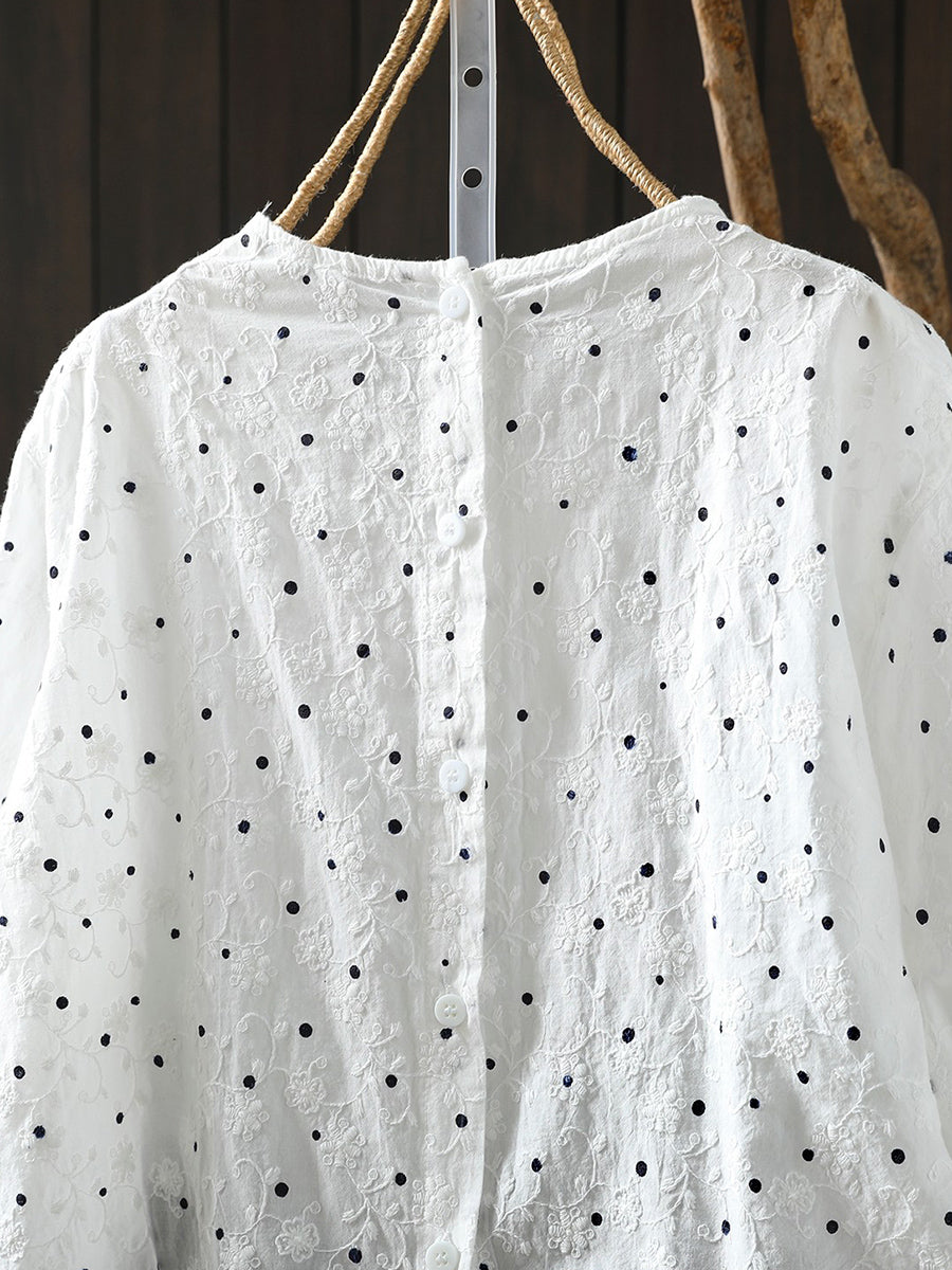 Women Artsy Spring Dot Embroidery 100%Cotton O-Neck Shirt