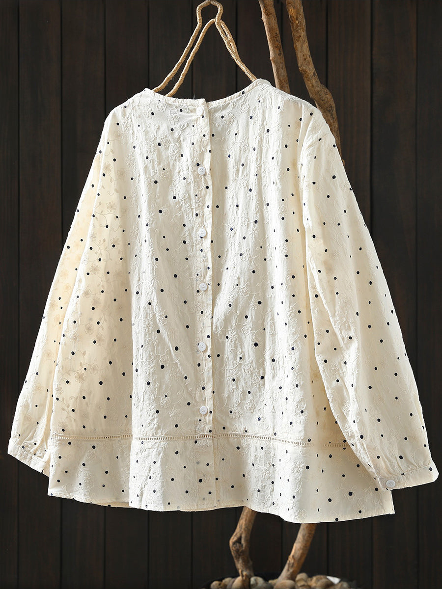 Women Artsy Spring Dot Embroidery 100%Cotton O-Neck Shirt