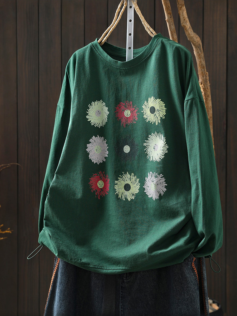 Women Spring Artsy Flower O-Neck 100%Cotton Blouse