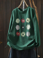 Women Spring Artsy Flower O-Neck 100%Cotton Blouse