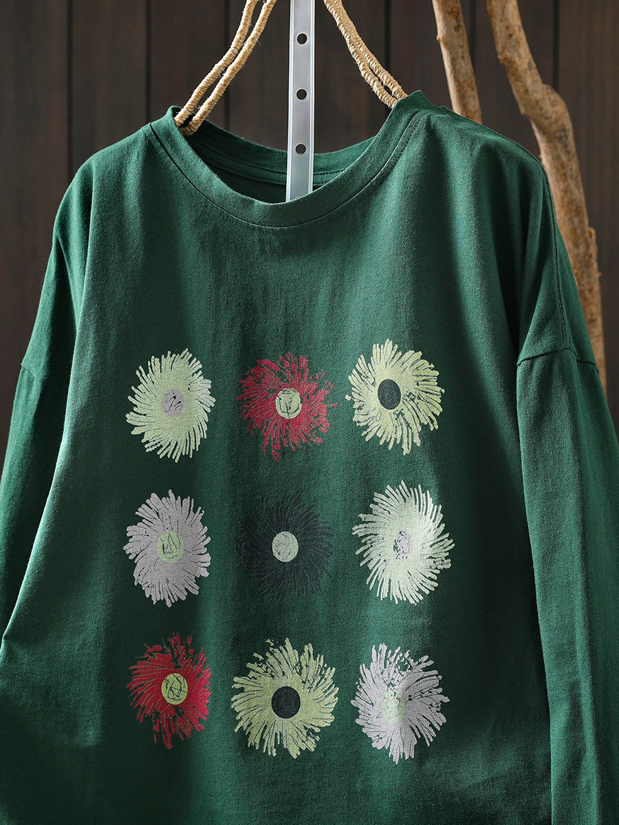 Women Spring Artsy Flower O-Neck 100%Cotton Blouse