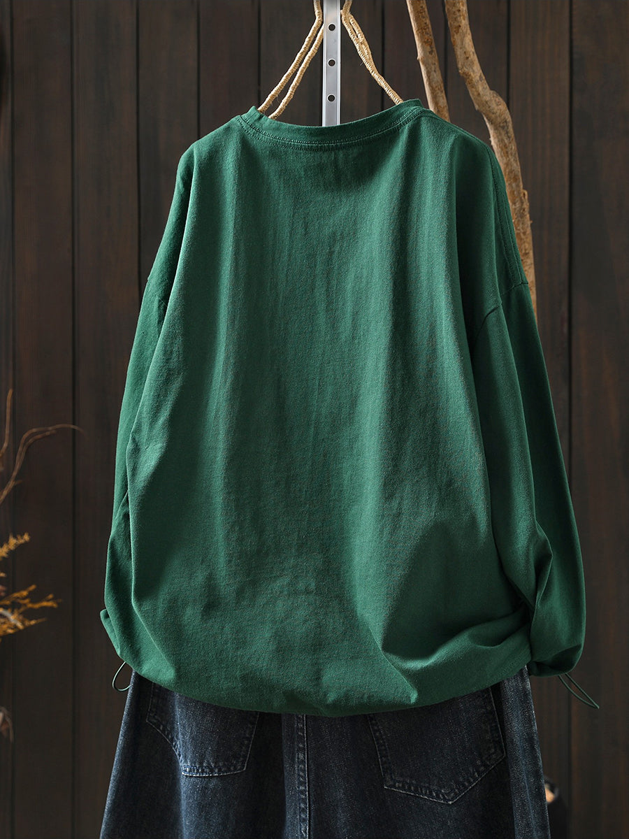 Women Spring Artsy Flower O-Neck 100%Cotton Blouse