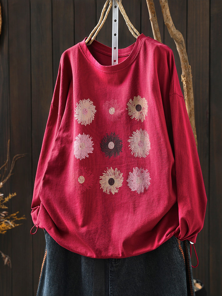 Women Spring Artsy Flower O-Neck 100%Cotton Blouse