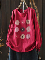 Women Spring Artsy Flower O-Neck 100%Cotton Blouse