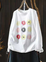 Women Spring Artsy Flower O-Neck 100%Cotton Blouse
