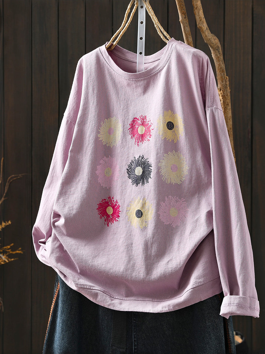 Women Spring Artsy Flower O-Neck 100%Cotton Blouse