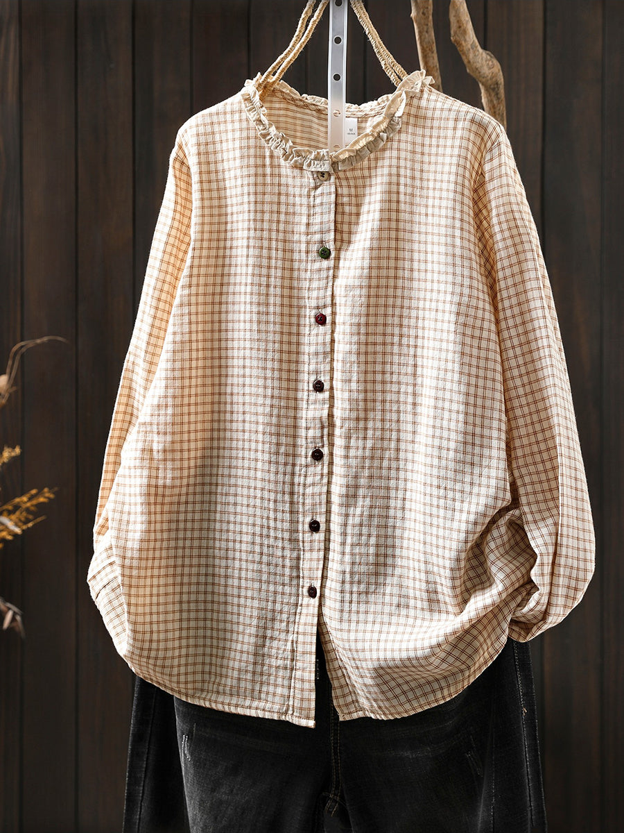 Women Spring Vintage Plaid O-Neck 100%Cotton Shirt
